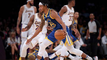 LOS ANGELES, CALIFORNIA - OCTOBER 14: Damion Lee #1 of the Golden State Warriors dribbles during a 104-98 Los Angeles Lakers preseason win at Staples Center on October 14, 2019 in Los Angeles, California. (Photo by Harry How/Getty Images)