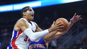 Nov 1, 2016; Auburn Hills, MI, USA; Detroit Pistons forward Tobias Harris (34) goes to the basket during the third quarter against the New York Knicks at The Palace of Auburn Hills. Mandatory Credit: Tim Fuller-USA TODAY Sports