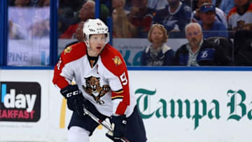 Mar 26, 2016; Tampa, FL, USA; Florida Panthers defenseman Brian Campbell (51) skates with the puck against the Tampa Bay Lightning during the third period at Amalie Arena. Florida Panthers defeated the Tampa Bay Lightning 5-2. Mandatory Credit: Kim Klement-USA TODAY Sports
