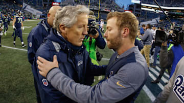 SEATTLE, WA - DECEMBER 17: Head coach Pete Carroll (L) of the Seattle Seahawks is congratulated by head Coach Sean McVay of the Los Angeles Rams at CenturyLink Field on December 17, 2017 in Seattle, Washington. The Rams beat the Seahawks 42-7. (Photo by Otto Greule Jr/Getty Images)