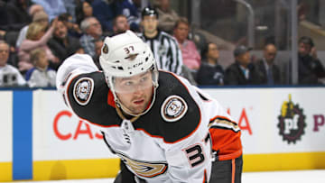 TORONTO, ON - FEBRUARY 7: Nick Ritchie #37 of the Anaheim Ducks waits for a faceoff against the Toronto Maple Leafs during an NHL game at Scotiabank Arena on February 7, 2020 in Toronto, Ontario, Canada. The Maple Leafs defeated the Ducks 5-4 in overtime. (Photo by Claus Andersen/Getty Images)
