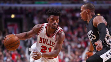 Dec 28, 2016; Chicago, IL, USA; Chicago Bulls forward Jimmy Butler (21) dribbles the ball against Brooklyn Nets guard Randy Foye (2) during the second half at the United Center. Mandatory Credit: Mike DiNovo-USA TODAY Sports