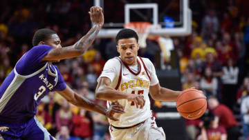 Feb 8, 2020; Ames, Iowa, USA; Iowa State Cyclones guard Rasir Bolton (45) drives against Kansas State Wildcats guard DaJuan Gordon (3) during the second half at Hilton Coliseum. Mandatory Credit: Jeffrey Becker-USA TODAY Sports