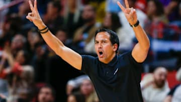 Miami Heat head coach Erik Spoelstra reacts from the sideline during the fourth quarter of the game against the Toronto Raptors(Sam Navarro-USA TODAY Sports)