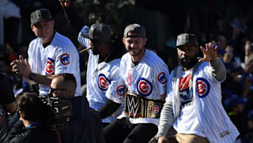 Nov 4, 2016; Chicago, IL, USA; (from left to right) Chicago Cubs first baseman Anthony Rizzo and center fielder Dexter Fowler and third baseman Kris Bryant and right fielder Jason Heyward celebrate during their World Series parade outside of Wrigley Field on Addison Street. Mandatory Credit: Patrick Gorski-USA TODAY Sports