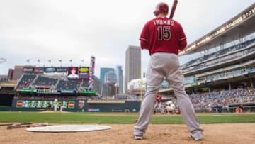 Sep 24, 2014; Minneapolis, MN, USA; Arizona Diamondbacks designated hitter Mark Trumbo (15) in the on deck circle against the Minnesota Twins at Target Field. Mandatory Credit: Brad Rempel-USA TODAY Sports