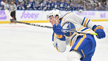 Nov 4, 2023; Toronto, Ontario, CAN; Buffalo Sabres forward Tage Thompson (72) shoots the puck against the Toronto Maple Leafs in the second period at Scotiabank Arena. Mandatory Credit: Dan Hamilton-USA TODAY Sports
