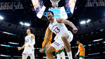 Mar 27, 2022; Chicago, IL, USA; Kansas Jayhawks forward David McCormack (33) reacts after a play during the second half against the Miami Hurricanes in the finals of the Midwest regional of the men's college basketball NCAA Tournament at United Center. Mandatory Credit: David Banks-USA TODAY Sports