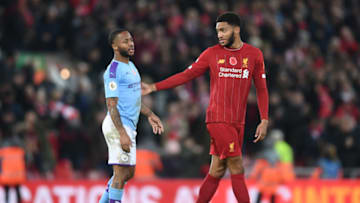 LIVERPOOL, ENGLAND - NOVEMBER 10: Raheem Sterling of Manchester City speaks with Joe Gomez of Liverpool following the Premier League match between Liverpool FC and Manchester City at Anfield on November 10, 2019 in Liverpool, United Kingdom. (Photo by Laurence Griffiths/Getty Images)