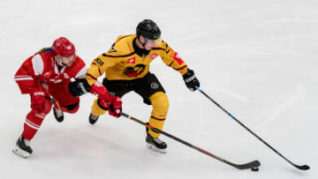 LAUSANNE, SWITZERLAND - DECEMBER 03: #22 Christoph Bertschy of Lausanne HC battles for the puck with #27 Nils Lundkvist of Lulea HF during the Champions Hockey League match between Lausanne HC and Lulea HF at Vaudoise Arena on December 3, 2019 in Lausanne, Switzerland. (Photo by RvS.Media/Basile Barbey/Getty Images)