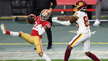 GLENDALE, ARIZONA - DECEMBER 13: Cornerback Jason Verrett #22 of the San Francisco 49ers intercepts a pass intended for wide receiver Cam Sims #89 of the Washington Football Team during the second quarter of the game at State Farm Stadium on December 13, 2020 in Glendale, Arizona. (Photo by Norm Hall/Getty Images)