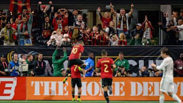 ATLANTA, GA - DECEMBER 08: Atlanta United forward Josef Martinez (7) and Atlanta United midfielder Miguel Almiron (10) celebrate a goal during the MLS Cup Finals match between Atlanta United and Portland Timbers on December 8, 2018 at Mercedes-Benz Stadium in Atlanta, GA.(Photo by John Adams/Icon Sportswire via Getty Images)