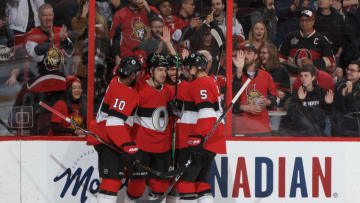 OTTAWA, ON - MARCH 28: Colin White #36 of the Ottawa Senators celebrates his first period goal against the Florida Panthers with teammates Anthony Duclair #10, Christian Wolanin #86 and Cody Ceci #5 at Canadian Tire Centre on March 28, 2019 in Ottawa, Ontario, Canada. (Photo by Andre Ringuette/NHLI via Getty Images)