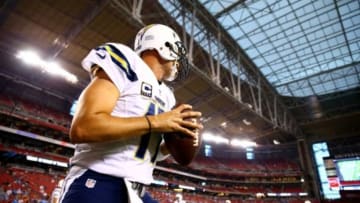 Sep 8, 2014; Glendale, AZ, USA; San Diego Chargers quarterback Philip Rivers prior to the game against the Arizona Cardinals at University of Phoenix Stadium. Mandatory Credit: Mark J. Rebilas-USA TODAY Sports