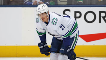 TORONTO, ON - FEBRUARY 29: Loui Eriksson #21 of the Vancouver Canucks warms up prior to action against the Toronto Maple Leafs in an NHL game at Scotiabank Arena on February 29, 2020 in Toronto, Ontario, Canada. The Maple Leafs defeated the Canucks 4-2. (Photo by Claus Andersen/Getty Images)