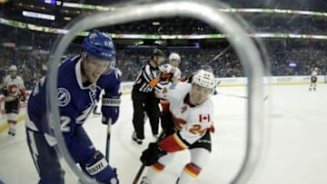 Nov 12, 2015; Tampa, FL, USA; Tampa Bay Lightning defenseman Andrej Sustr (62) and Calgary Flames left wing Jiri Hudler (24) fight to control the puck during the first period at Amalie Arena. Mandatory Credit: Kim Klement-USA TODAY Sports