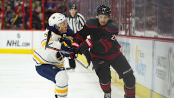 RALEIGH, NC - JANUARY 11: Buffalo Sabres Left Wing Jeff Skinner (53) charges after Carolina Hurricanes Center Sebastian Aho (20) during a game between the Carolina Hurricanes and the Buffalo Sabres at the PNC Arena in Raleigh, NC on January 11, 2019. (Photo by Greg Thompson/Icon Sportswire via Getty Images)