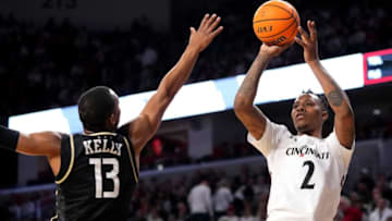 Cincinnati Bearcats guard Landers Nolley II rises for a shot against UCF Knights at Fifth Third Arena. The Enquirer.