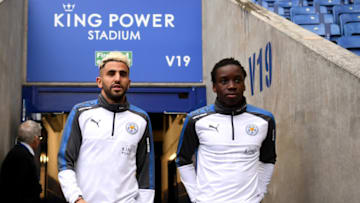 LEICESTER, ENGLAND - JANUARY 20: Riyad Mahrez and Fousseni Diabate of Leicester City arrive prior to the Premier League match between Leicester City and Watford at The King Power Stadium on January 20, 2018 in Leicester, England. (Photo by Laurence Griffiths/Getty Images)