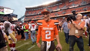 Dec 13, 2015; Cleveland, OH, USA; Cleveland Browns quarterback Johnny Manziel (2) leaves the field after the Cleveland Browns beat the San Francisco 49ers 24-10 at FirstEnergy Stadium. Mandatory Credit: Ken Blaze-USA TODAY Sports