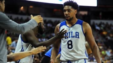 Jul 11, 2015; Las Vegas, NV, USA; Philadelphia 76ers center Jahlil Okafor (8) is congratulated by teammates on the bench during an NBA Summer League game against the Los Angeles Lakers at Thomas & Mack Center. Mandatory Credit: Stephen R. Sylvanie-USA TODAY Sports