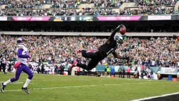 Oct 23, 2016; Philadelphia, PA, USA; Philadelphia Eagles wide receiver Josh Huff (13) scores on a kick return as Minnesota Vikings cornerback Marcus Sherels (35) gives chase in the second quarter at Lincoln Financial Field. Mandatory Credit: James Lang-USA TODAY Sports