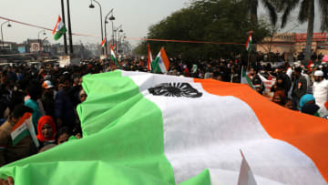 LUCKNOW, INDIA - JANUARY 26: Indian Muslim women participate in a protest against the Indian government's Citizenship Amendment Act (CAA), the National Register of Citizens (NRC) and the National Population Register (NRP) on seventh day of protest in Lucknow, India on January 26, 2020. (Photo by Sumit Kumar/Anadolu Agency via Getty Images)