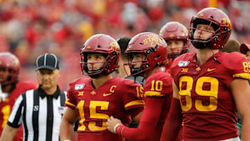 AMES, IA - AUGUST 31: Quarterback Brock Purdy #15 of the Iowa State Cyclones watches a replay on the scoreboard with teammates quarterback Blake Clark #10, and tight end Dylan Soehner #89 of the Iowa State Cyclones in overtime against the Northern Iowa Panthers in the second half of play at Jack Trice Stadium on August 31, 2019 in Ames, Iowa. The Iowa State Cyclones won 29-26 over the Northern Iowa Panthers in triple overtime. (Photo by David Purdy/Getty Images)