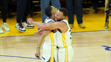 Jun 5, 2022; San Francisco, California, USA; Golden State Warriors guard Jordan Poole (3) and guard Stephen Curry (30) celebrate in the second half against the Boston Celtics during game two of the 2022 NBA Finals at Chase Center. Mandatory Credit: Darren Yamashita-USA TODAY Sports