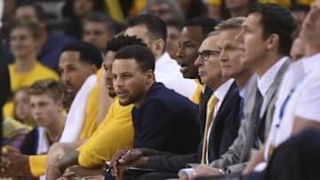 May 1, 2016; Oakland, CA, USA; Golden State Warriors guard Stephen Curry (30) looks on against the Portland Trail Blazers during the third quarter in game one of the second round of the NBA Playoffs at Oracle Arena. The Warriors defeated the Trail Blazers 118-106. Mandatory Credit: Kyle Terada-USA TODAY Sports