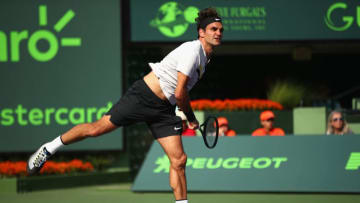 KEY BISCAYNE, FL - MARCH 24: Roger Federer of Switzerland serves against Thanasi Kokkinakis of Australia in their second round match during the Miami Open Presented by Itau at Crandon Park Tennis Center on March 24, 2018 in Key Biscayne, Florida. (Photo by Clive Brunskill/Getty Images)