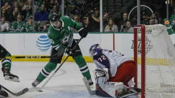 DALLAS, TX - NOVEMBER 12: Columbus Blue Jackets goaltender Sergei Bobrovsky (72) makes the save against Dallas Stars center Jason Spezza (90) during the game between the Dallas Stars and the Columbus Blue Jackets on November 12, 2018 at the American Airlines Center in Dallas, Texas. (Photo by Matthew Pearce/Icon Sportswire via Getty Images)