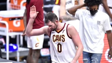 Apr 11, 2021; Cleveland, Ohio, USA; Cleveland Cavaliers forward Kevin Love (0) reacts late in the fourth quarter against New Orleans Pelicans at Rocket Mortgage FieldHouse. Mandatory Credit: David Richard-USA TODAY Sports