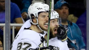 SAN JOSE, CA - JUNE 12: Kris Letang #58 of the Pittsburgh Penguins celebrates his goal in the second period with Sidney Crosby #87 in Game Six of the 2016 NHL Stanley Cup Final at SAP Center on June 12, 2016 in San Jose, California. (Photo by Bruce Bennett/Getty Images)