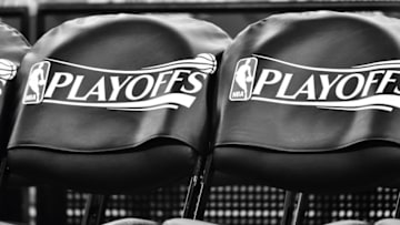 SAN ANTONIO, TX - MAY 9: A close up view of the official NBA Playoff logo before the game between the San Antonio Spurs and the Houston Rockets during Game Five of the Western Conference Semifinals of the 2017 NBA Playoffs on May 9, 2017 at the AT&T Center in San Antonio, Texas. NOTE TO USER: User expressly acknowledges and agrees that, by downloading and or using this photograph, user is consenting to the terms and conditions of the Getty Images License Agreement. Mandatory Copyright Notice: Copyright 2017 NBAE (Photos by Jesse D. Garrabrant/NBAE via Getty Images)