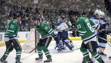 Apr 29, 2016; Dallas, TX, USA; Dallas Stars left wing Antoine Roussel (21) and center Radek Faksa (12) and right wing Ales Hemsky (83) celebrate Roussel