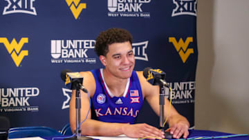 Jan 7, 2023; Morgantown, West Virginia, USA; Kansas Jayhawks guard Kevin McCullar Jr. (15) speaks with the media after defeating the West Virginia Mountaineers at WVU Coliseum. Mandatory Credit: Ben Queen-USA TODAY Sports