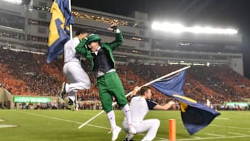 BLACKSBURG, VA - OCTOBER 6: The Notre Dame leprechaun celebrates following a touchdown against the Virginia Tech Hokies in the second half at Lane Stadium on October 6, 2018 in Blacksburg, Virginia. (Photo by Michael Shroyer/Getty Images)