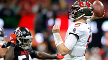 ATLANTA, GEORGIA - JANUARY 08: Kyle Trask #2 of the Tampa Bay Buccaneers throws the ball during the fourth quarter against the Atlanta Falcons at Mercedes-Benz Stadium on January 08, 2023 in Atlanta, Georgia. (Photo by Alex Slitz/Getty Images)