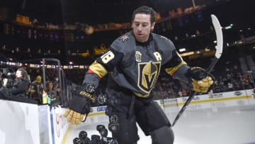 LAS VEGAS, NV - FEBRUARY 11: James Neal #18 of the Vegas Golden Knights tosses pucks onto the ice during warmups prior to the game against the Philadelphia Flyers at T-Mobile Arena on February 11, 2018 in Las Vegas, Nevada. (Photo by David Becker/NHLI via Getty Images)