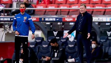 BARCELONA, SPAIN - APRIL 29: Ronald Koeman, head coach of FC Barcelona during the La Liga Santander match between FC Barcelona and Granada CF at Camp Nou on April 29, 2021 in Barcelona, Spain. Sporting stadiums around Spain remain under strict restrictions due to the Coronavirus Pandemic as Government social distancing laws prohibit fans inside venues resulting in games being played behind closed doors. (Photo by Pedro Salado/Quality Sport Images/Getty Images)