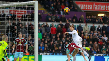 March 4th 2017, Liberty Stadium, Swansea, Wales; EPL Premier League football, Swansea City versus Burnley; Swansea City's Fernando Llorente wins the header and beats Burnley's Paul Robinson in goal to put his side 3-2 up in the 90 2 minute (Photo by Paul Jenkins/Action Plus via Getty Images)