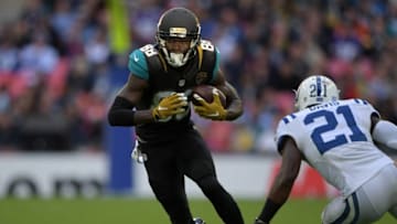 Oct 2, 2016; London, United Kingdom; Jacksonville Jaguars wide receiver Allen Hurns (88) is defended by Indianapolis Colts cornerback Vontae Davis (21) during game 15 of the NFL International Series at Wembley Stadium. The Jaguars defeated the Colts 30-27. Mandatory Credit: Kirby Lee-USA TODAY Sports
