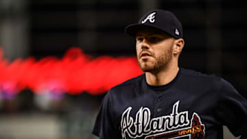 MIAMI, FL - JULY 23: Freddie Freeman #5 of the Atlanta Braves returns the the dugout after in the eighth inning against the Miami Marlins at Marlins Park on July 23, 2018 in Miami, Florida. (Photo by Mark Brown/Getty Images)