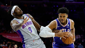 Tobias Harris #12 of the Philadelphia 76ers drives past Jerami Grant #9 of the Detroit Pistons (Photo by Tim Nwachukwu/Getty Images)