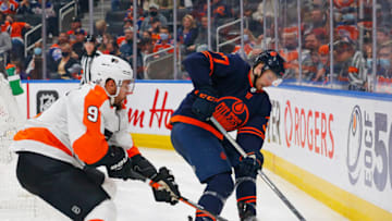 Edmonton Oilers Forward Warren Foegele, #37, battles Philadelphia Flyers defensemen Ivan Provorov #9 Mandatory Credit: Perry Nelson-USA TODAY Sports