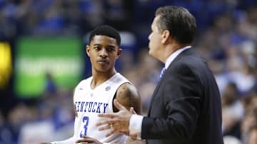Feb 23, 2016; Lexington, KY, USA; Kentucky Wildcats guard Tyler Ulis (3) listens to head coach John Calipari during the game against the Alabama Crimson Tide in the second half at Rupp Arena. Kentucky defeated Alabama 78-53. Mandatory Credit: Mark Zerof-USA TODAY Sport