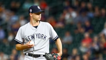 MINNEAPOLIS, MN - SEPTEMBER 11: New York Yankees starting pitcher Sonny Gray (55) looks on during the regular season game between the New York Yankees and the Minnesota Twins in September 11, 2018 at Target Field in Minneapolis, Minnesota. The Twins defeated the Yankees 10-5. (Photo by David Berding/Icon Sportswire via Getty Images)