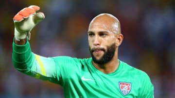 Jun 16, 2014; Natal, BRAZIL; USA goalkeeper Tim Howard reacts against Ghana during the 2014 World Cup at Estadio das Dunas. Mandatory Credit: Mark J. Rebilas-USA TODAY Sports