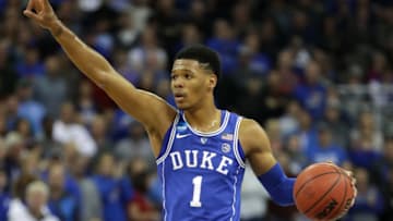 OMAHA, NE - MARCH 25: Trevon Duval #1 of the Duke Blue Devils handles the ball on offense against the Kansas Jayhawks during the first half in the 2018 NCAA Men's Basketball Tournament Midwest Regional at CenturyLink Center on March 25, 2018 in Omaha, Nebraska. (Photo by Streeter Lecka/Getty Images)